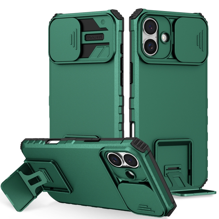 

For iPhone 16 Plus Stereoscopic Holder Sliding Camshield Phone Case(Green)