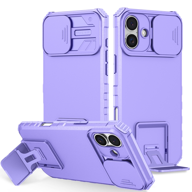 

For iPhone 16 Plus Stereoscopic Holder Sliding Camshield Phone Case(Purple)