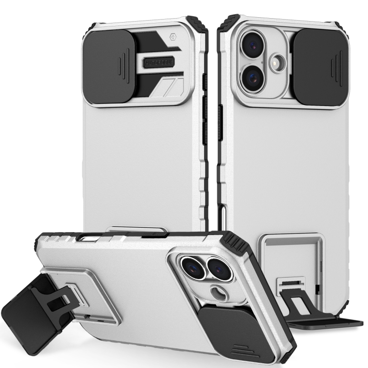 

For iPhone 16 Stereoscopic Holder Sliding Camshield Phone Case(White)