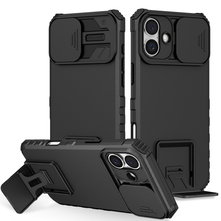 

For iPhone 16 Stereoscopic Holder Sliding Camshield Phone Case(Black)