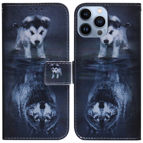 

For iPhone 15 Pro Coloured Drawing Flip Leather Phone Case(Wolf and Dog)