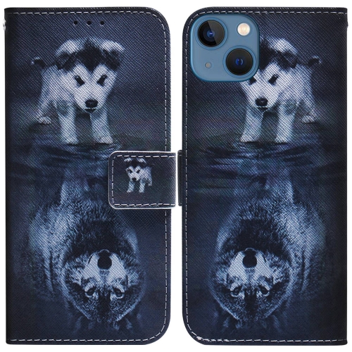 

For iPhone 15 Coloured Drawing Flip Leather Phone Case(Wolf and Dog)