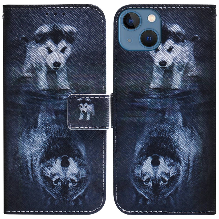 

For iPhone 14 Plus Coloured Drawing Flip Leather Phone Case(Wolf and Dog)