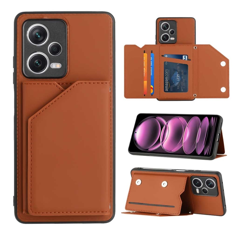 

For Xiaomi Redmi Note 12 Pro 5G Skin Feel PU + TPU + PC Card Slots Phone Case(Brown)