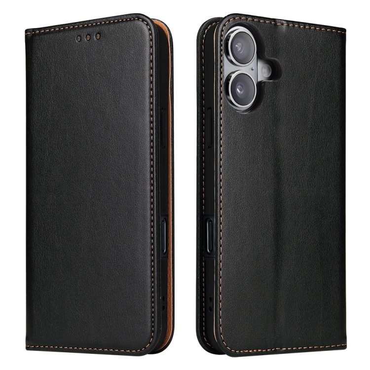 

For iPhone 16 Fierre Shann PU Genuine Leather Texture Phone Case(Black)