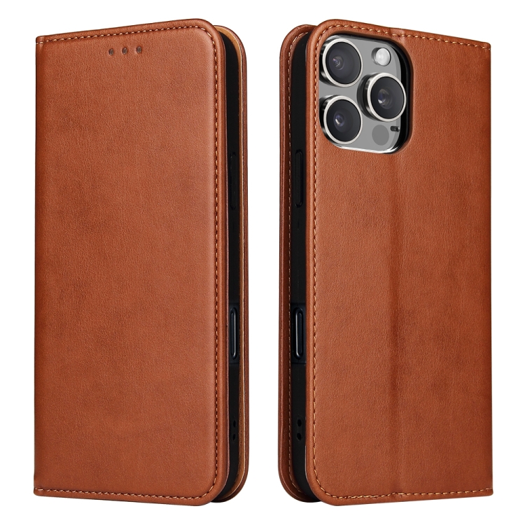 

For iPhone 16 Pro Fierre Shann PU Genuine Leather Texture Phone Case(Brown)