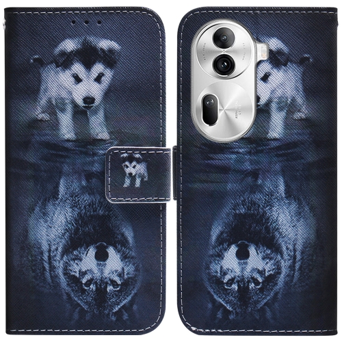 

For OPPO Reno11 Pro Global Coloured Drawing Flip Leather Phone Case(Wolf and Dog)
