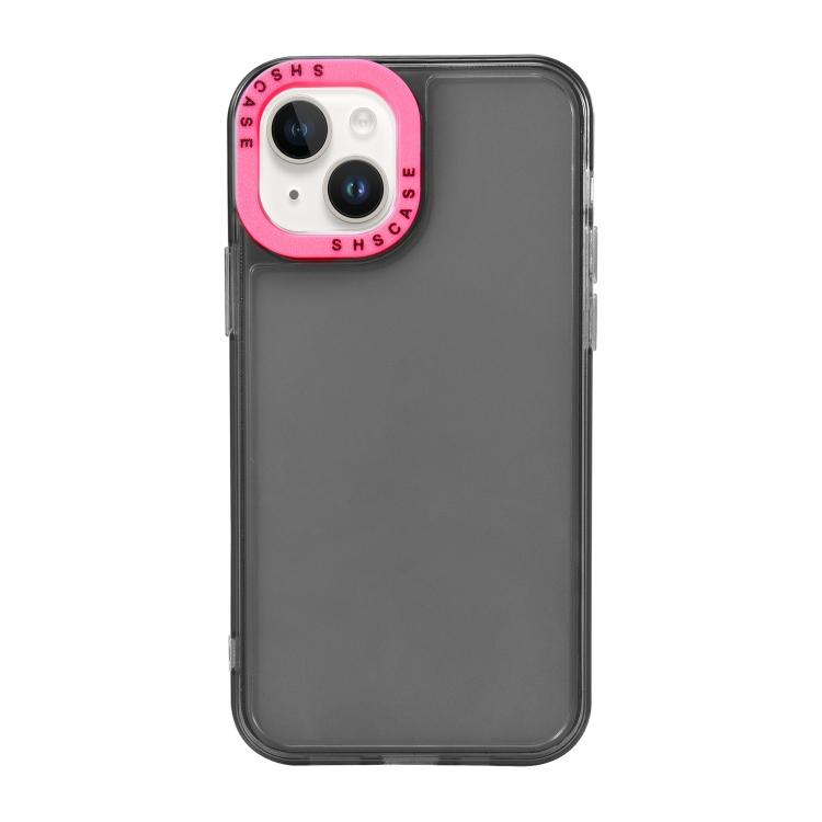 

For iPhone 14 Color Contrast Lens Frame Transparent TPU Phone Case(Black + Rose Red)