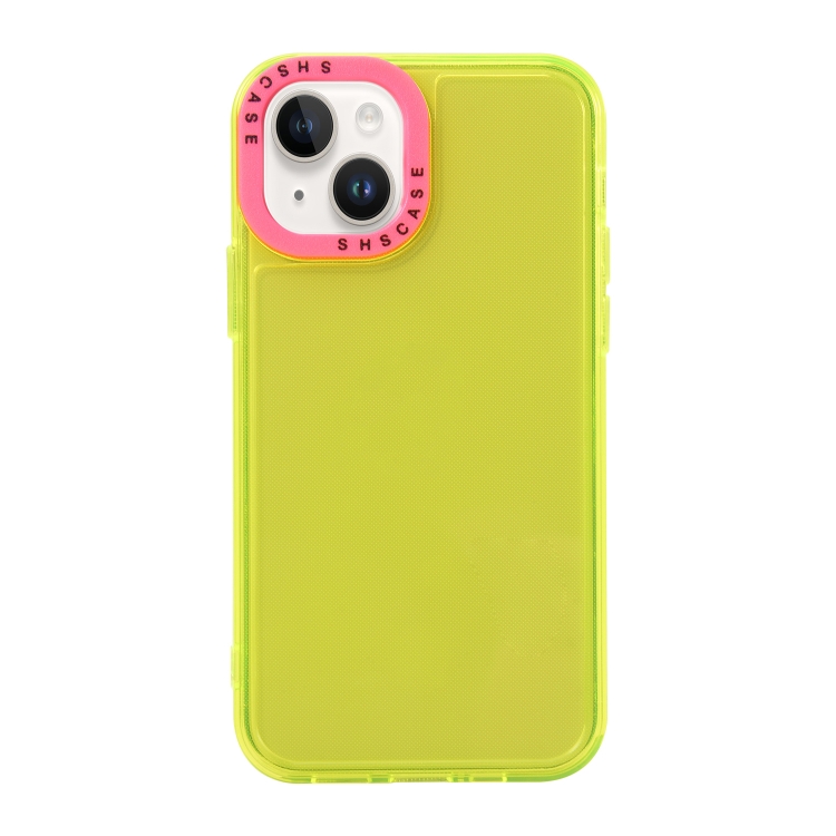 

For iPhone 14 Plus Color Contrast Lens Frame Transparent TPU Phone Case(Yellow + Rose Red)
