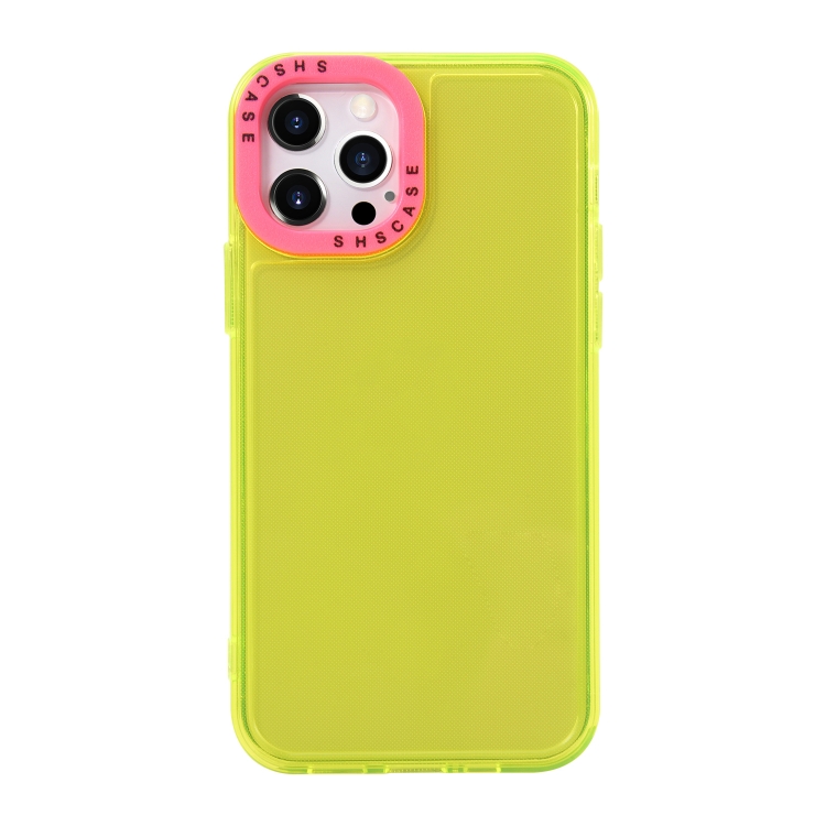 

For iPhone 14 Pro Max Color Contrast Lens Frame Transparent TPU Phone Case(Yellow + Rose Red)
