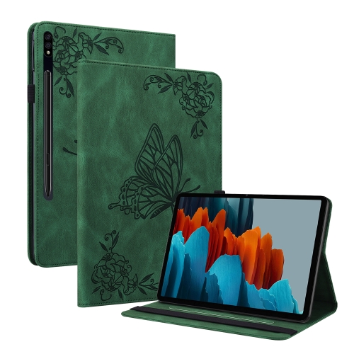 

For Samsung Galaxy Tab S9 Butterfly Flower Embossed Leather Tablet Case(Green)