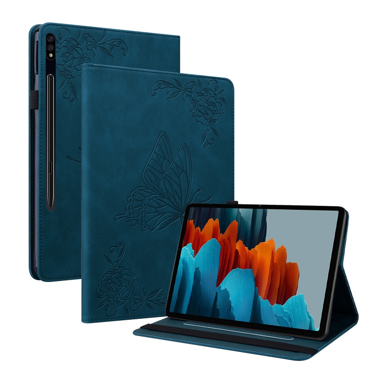 

For Samsung Galaxy Tab S9 Butterfly Flower Embossed Leather Tablet Case(Blue)