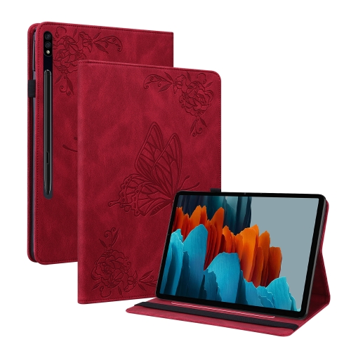 

For Samsung Galaxy Tab S9 Butterfly Flower Embossed Leather Tablet Case(Red)