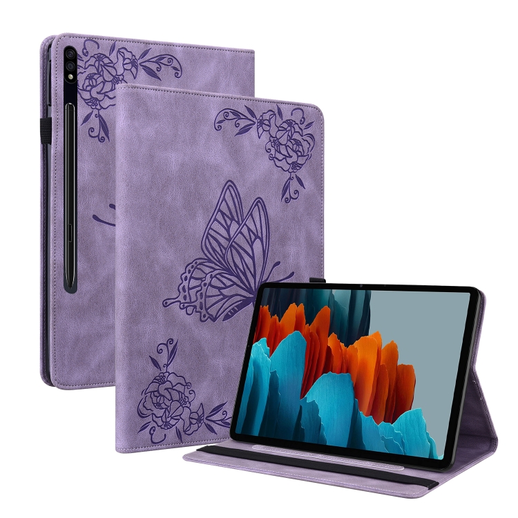 

For Samsung Galaxy Tab S9 Butterfly Flower Embossed Leather Tablet Case(Purple)