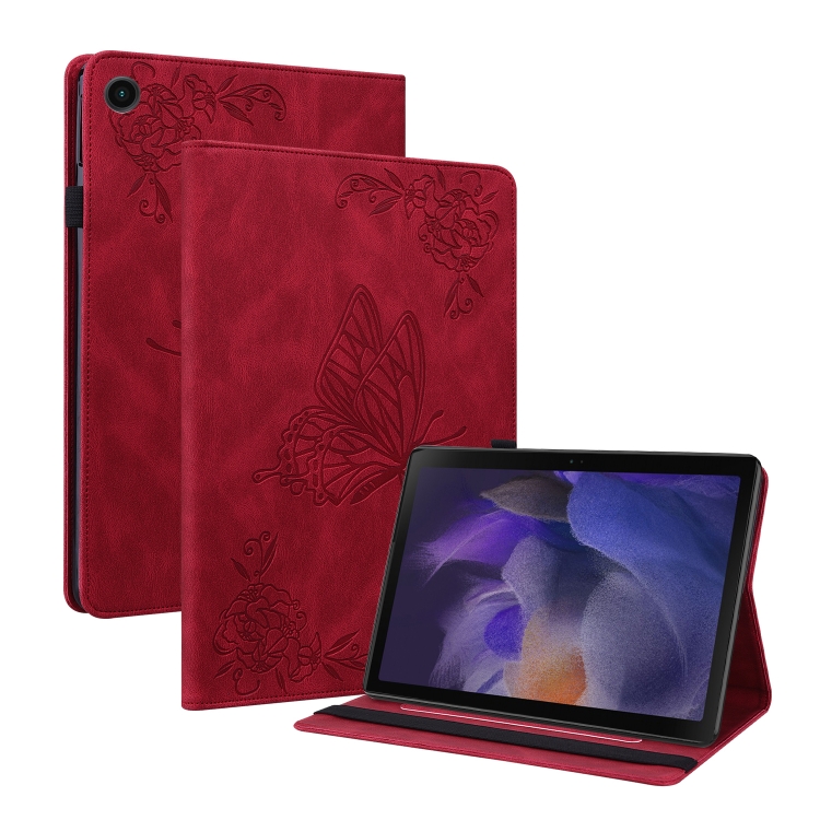 

For Samsung Galaxy Tab А9+ Butterfly Flower Embossed Leather Tablet Case(Red)