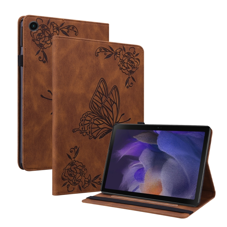 

For Samsung Galaxy Tab А9 Butterfly Flower Embossed Leather Tablet Case(Brown)