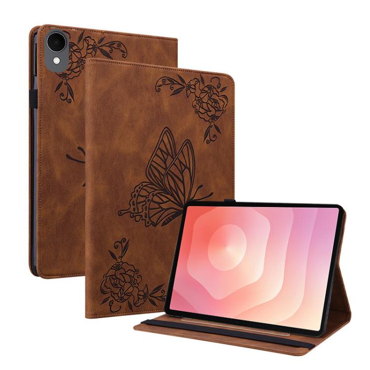 

For Samsung Galaxy Tab S11 Butterfly Flower Embossed Leather Tablet Case(Brown)