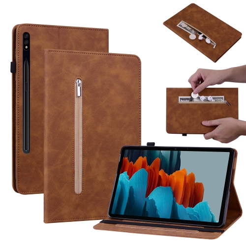 

For Samsung Galaxy Tab S9+ Skin Feel Solid Color Zipper Leather Tablet Case(Brown)