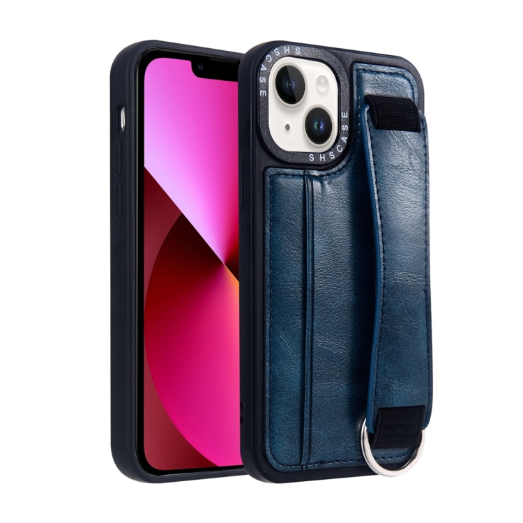 

For iPhone 13 Photo Frame Card Wallet Wrist Strap Holder Back Cover Phone Case(Royal Blue)