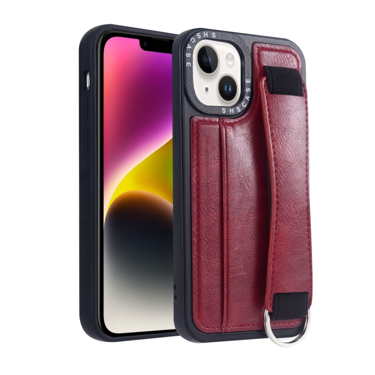 

For iPhone 14 Photo Frame Card Wallet Wrist Strap Holder Back Cover Phone Case(Red)