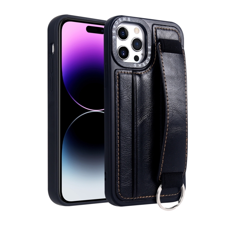 

For iPhone 14 Pro Photo Frame Card Wallet Wrist Strap Holder Back Cover Phone Case(Black)
