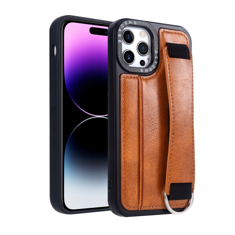 

For iPhone 14 Pro Photo Frame Card Wallet Wrist Strap Holder Back Cover Phone Case(Brown)