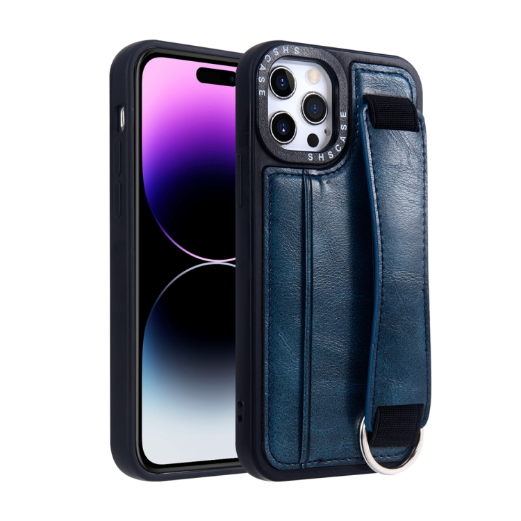 

For iPhone 14 Pro Photo Frame Card Wallet Wrist Strap Holder Back Cover Phone Case(Royal Blue)