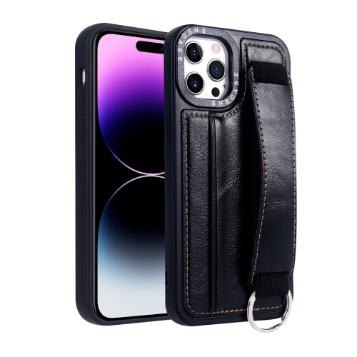 

For iPhone 14 Pro Max Photo Frame Card Wallet Wrist Strap Holder Back Cover Phone Case(Black)