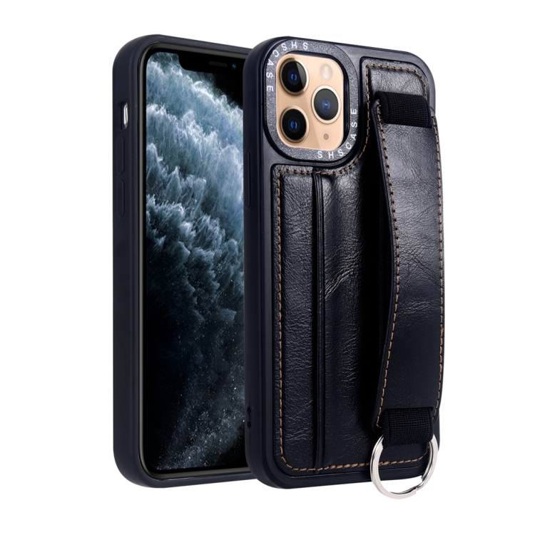 

For iPhone 11 Pro Max Photo Frame Card Wallet Wrist Strap Holder Back Cover Phone Case(Black)