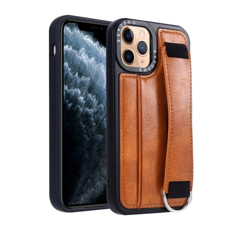 

For iPhone 11 Pro Max Photo Frame Card Wallet Wrist Strap Holder Back Cover Phone Case(Brown)