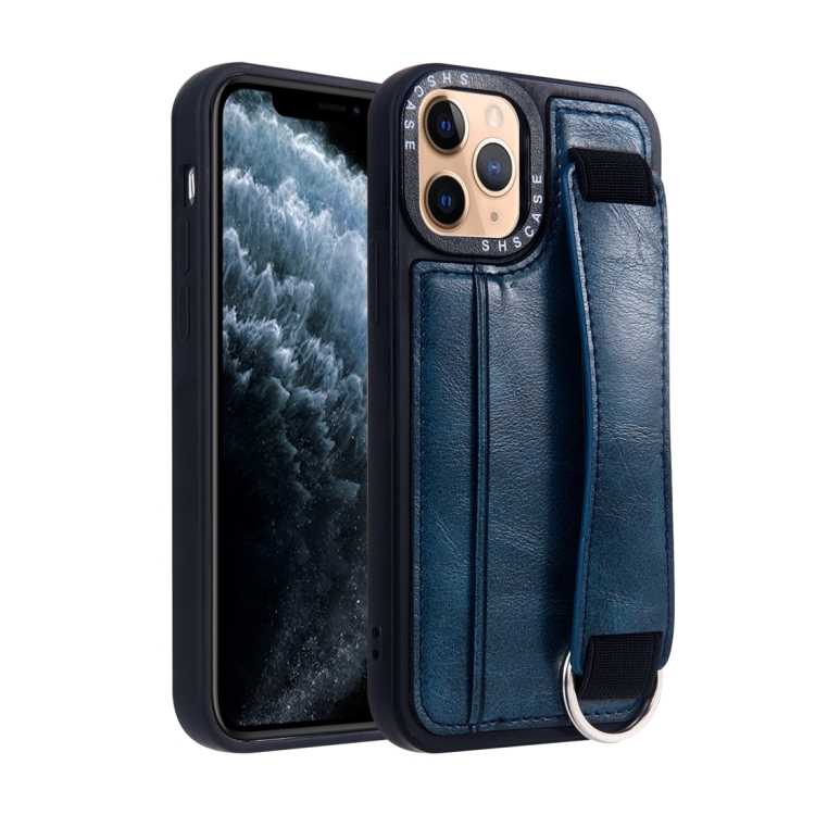 

For iPhone 11 Pro Max Photo Frame Card Wallet Wrist Strap Holder Back Cover Phone Case(Royal Blue)