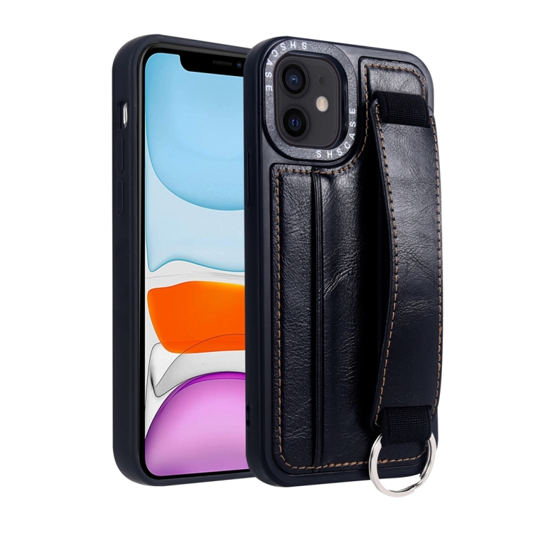 

For iPhone 11 Photo Frame Card Wallet Wrist Strap Holder Back Cover Phone Case(Black)