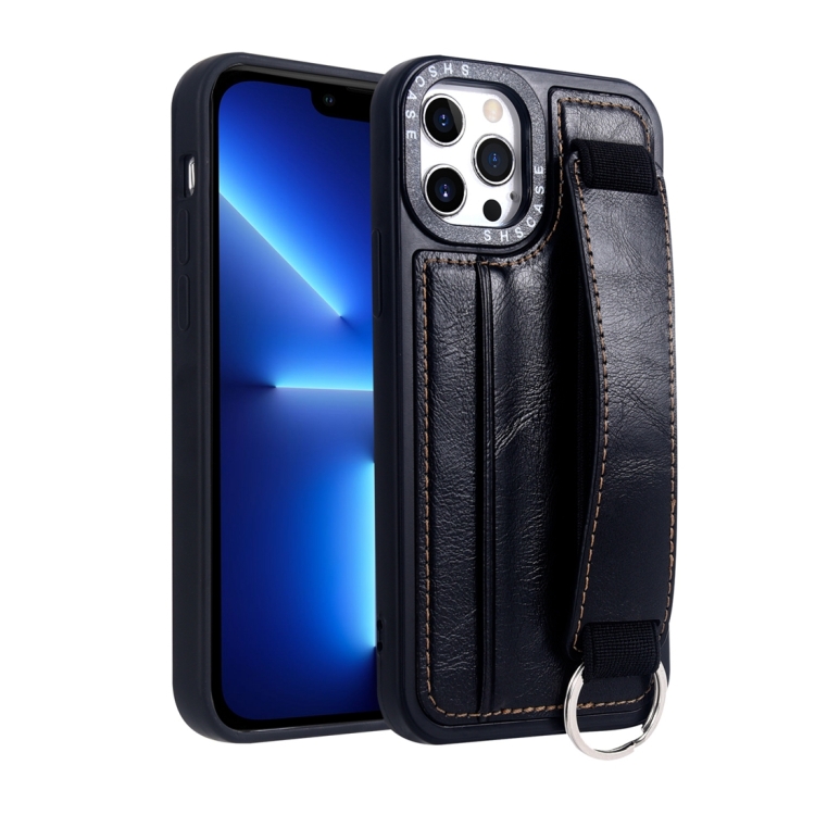 

For iPhone 13 Pro Max Photo Frame Card Wallet Wrist Strap Holder Back Cover Phone Case(Black)