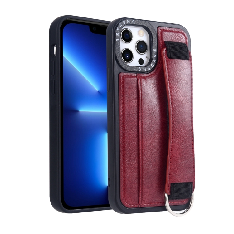 

For iPhone 13 Pro Max Photo Frame Card Wallet Wrist Strap Holder Back Cover Phone Case(Red)
