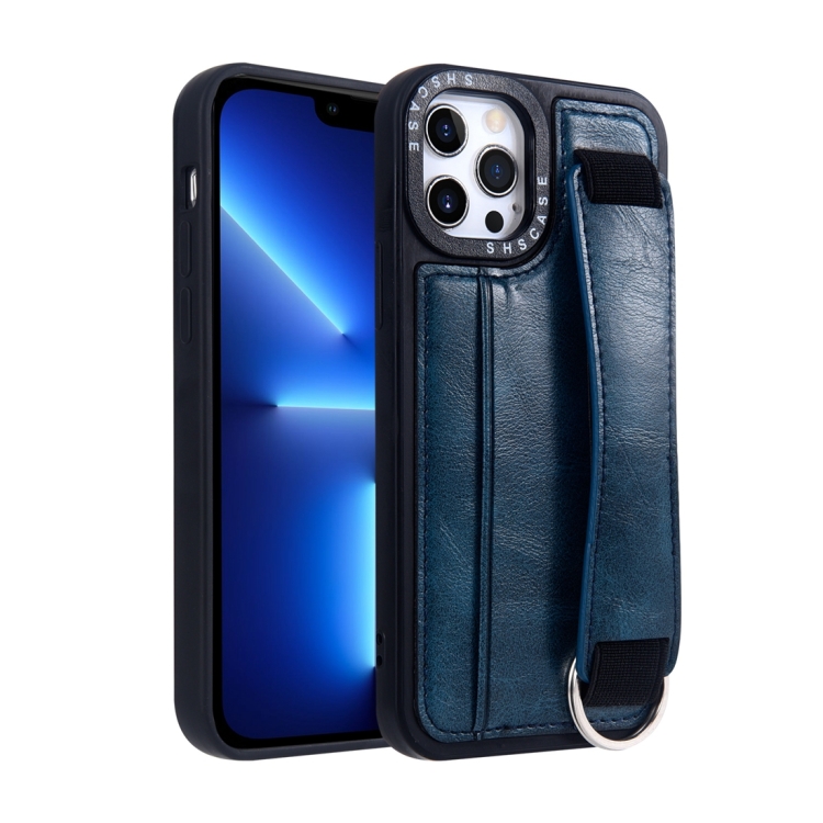 

For iPhone 13 Pro Max Photo Frame Card Wallet Wrist Strap Holder Back Cover Phone Case(Royal Blue)