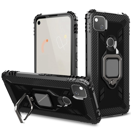 

For Google Pixel 4a Carbon Fiber Protective Case with 360 Degree Rotating Ring Holder(Black)