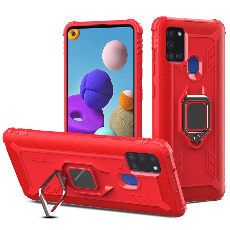 

For Samsung Galaxy A21S Carbon Fiber Protective Case with 360 Degree Rotating Ring Holder(Red)