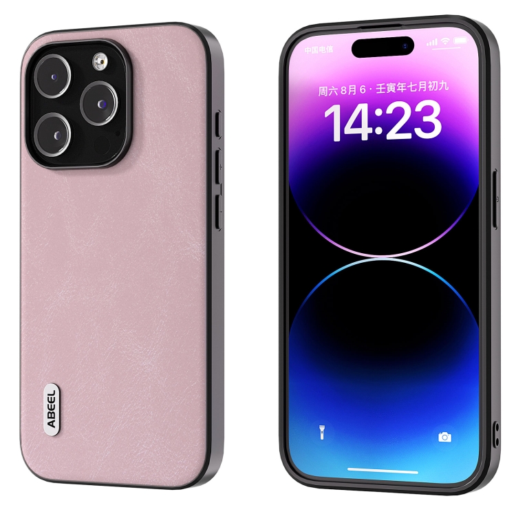 

For iPhone 15 Pro Max ABEEL Cowhide Texture PU Phone Case(Pink)