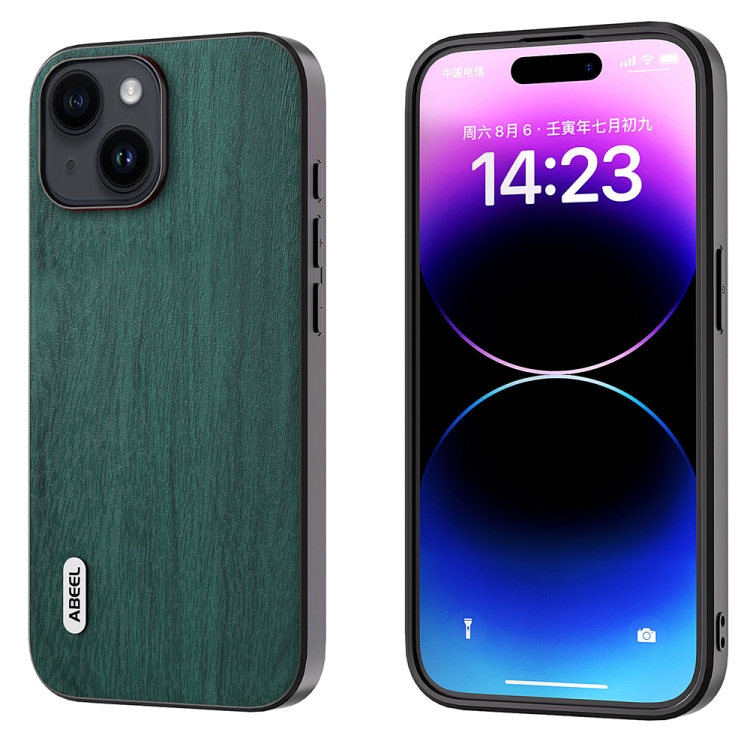 

For iPhone 15 Plus ABEEL Wood Texture PU Phone Case(Green)
