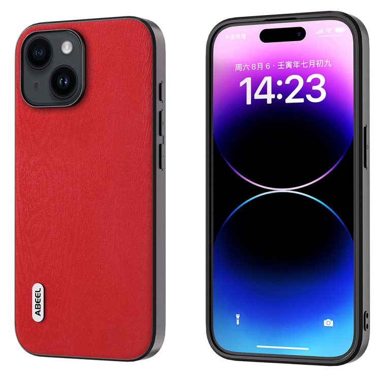 

For iPhone 15 Plus ABEEL Wood Texture PU Phone Case(Red)