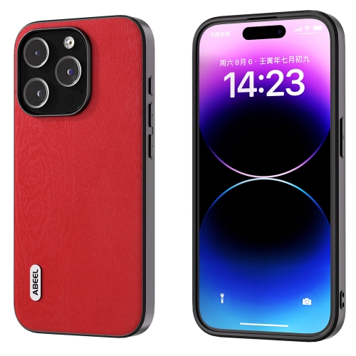 

For iPhone 15 Pro ABEEL Wood Texture PU Phone Case(Red)
