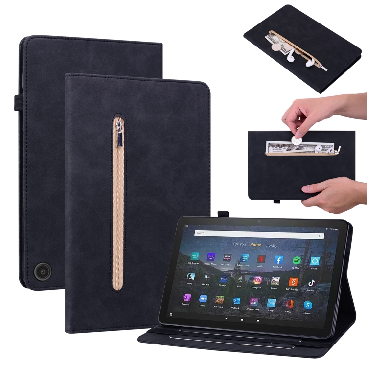 

For Amazon Fire Max 11 Skin Feel Solid Color Zipper Leather Tablet Case(Black)