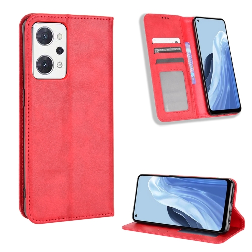 

For OPPO Reno9 A / Reno7 A Magnetic Buckle Retro Texture Leather Phone Case(Red)