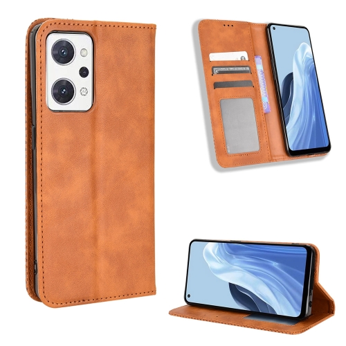 

For OPPO Reno9 A / Reno7 A Magnetic Buckle Retro Texture Leather Phone Case(Brown)