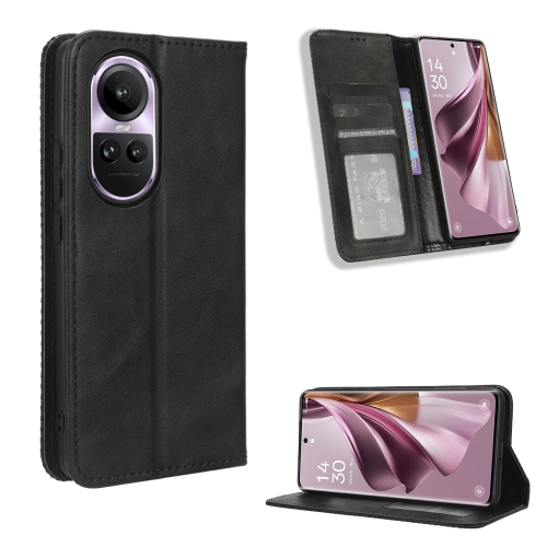 

For OPPO Reno10 Global Magnetic Buckle Retro Texture Leather Phone Case(Black)