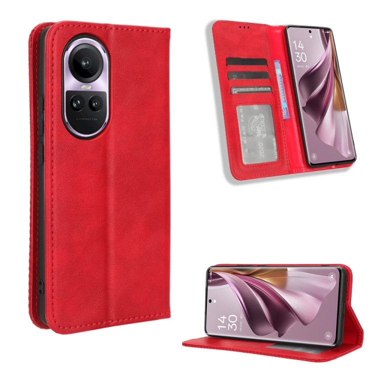 

For OPPO Reno10 Global Magnetic Buckle Retro Texture Leather Phone Case(Red)