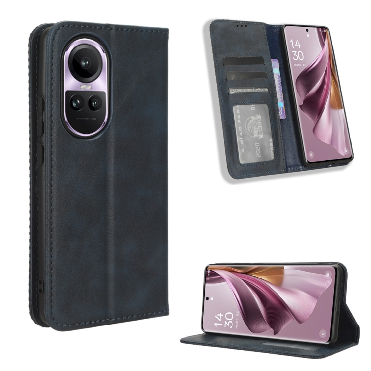 

For OPPO Reno10 Global Magnetic Buckle Retro Texture Leather Phone Case(Blue)