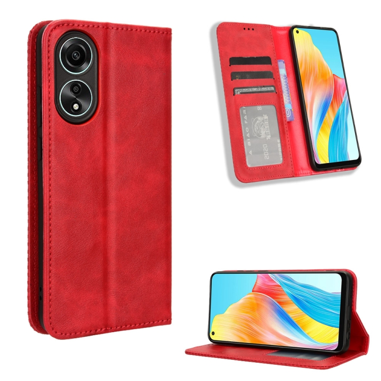 

For OPPO A58 4G Magnetic Buckle Retro Texture Leather Phone Case(Red)
