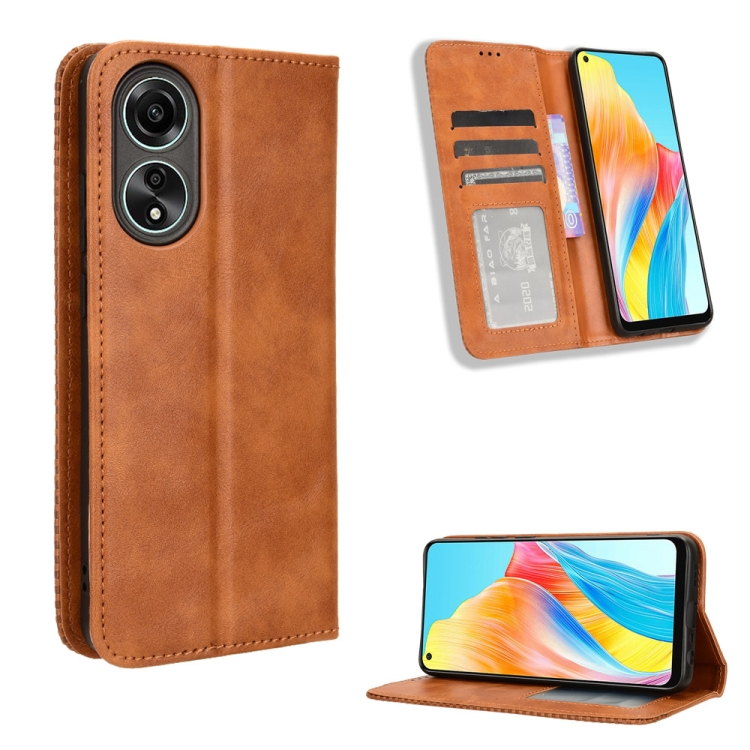 

For OPPO A58 4G Magnetic Buckle Retro Texture Leather Phone Case(Brown)