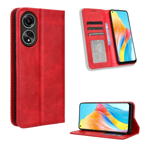 

For OPPO A78 4G Magnetic Buckle Retro Texture Leather Phone Case(Red)